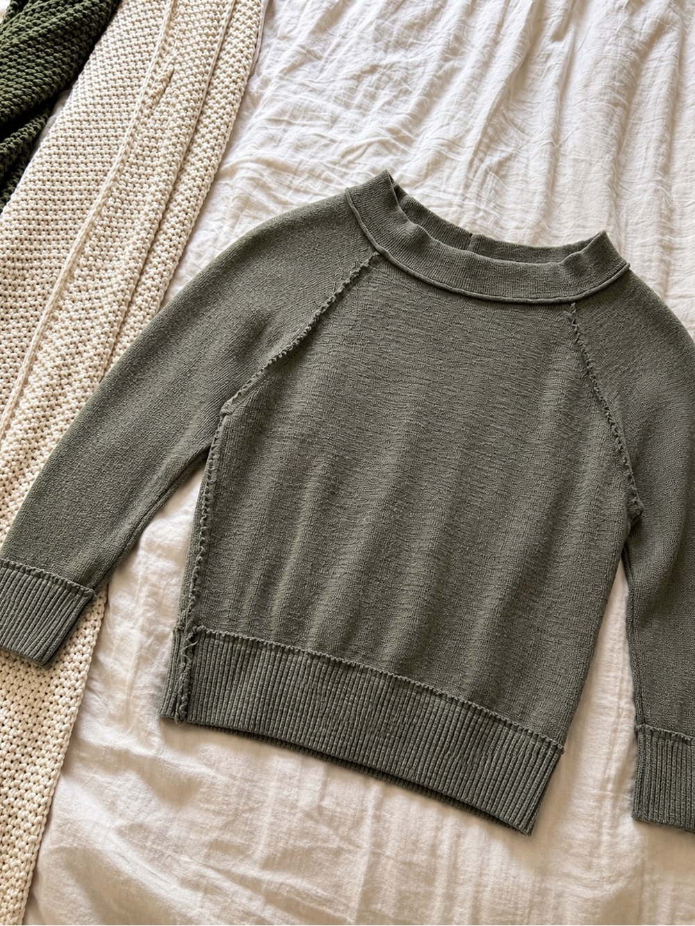 Free People Olive Green Raw-Edge Crewneck Sweater